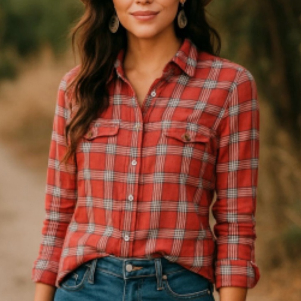 MADEWELL Red Plaid Cotton Button Down Shirt Top